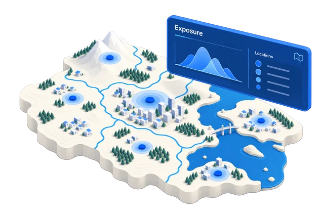Illustrative 3D concept for ExposureHub: See the whole picture. Act on the details.